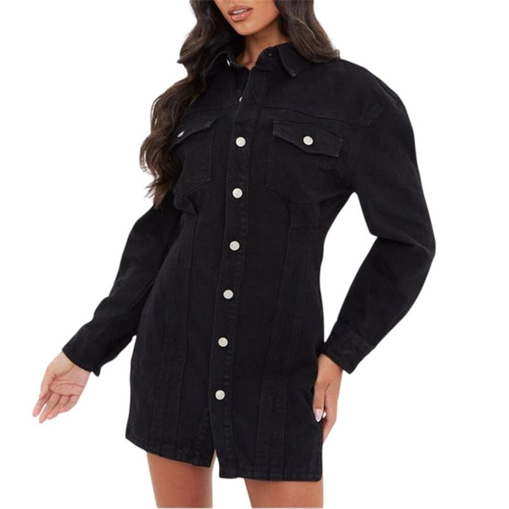 I Saw It First Womens/Ladies Denim Mini Shirt Dress / Black